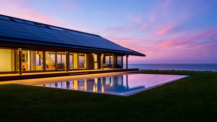 Obraz premium Modern luxury home with infinity pool at sunset overlooking the ocean