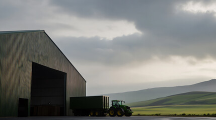 Obraz premium Agriculture at Work: A tractor with trailer parked near a large agricultural building, suggesting a harvest or storage activity in the rural landscape.