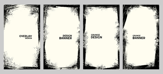 Plakat Vector illustration. Grunge overlay frame. Hand drawn abstract border set. Ink brush strokes edge with halftone dotted texture. Retro vintage background collection. Design elements for vertical banner