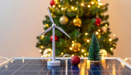 Miniature wind turbine, solar panel, and Christmas trees in front of a decorated Christmas tree