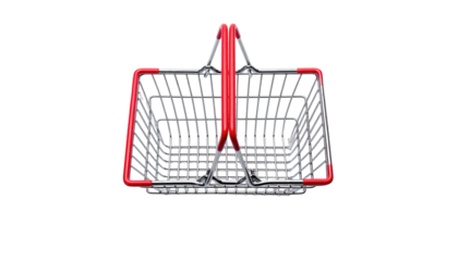 A top-down view of a metal shopping basket, red frame and handle, isolated on a black background