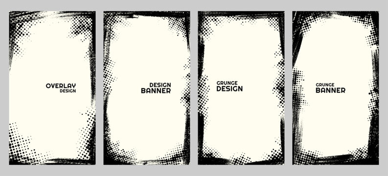 Vector illustration. Grunge overlay frame. Hand drawn abstract border set. Ink brush strokes edge with halftone dotted texture. Retro vintage background collection. Design elements for vertical banner