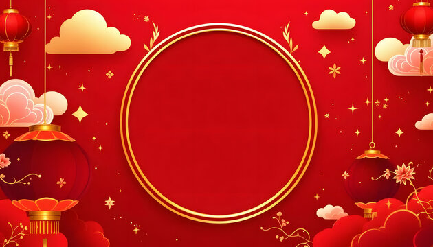 Festive red background with golden oval frame and traditional chinese new year decorations