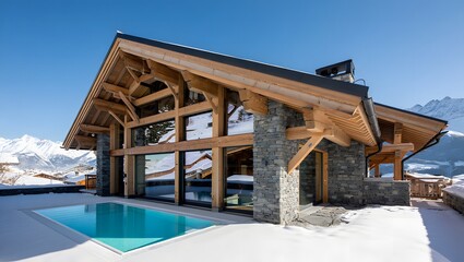 Obraz premium Luxury wooden chalet with swimming pool in snowy mountain landscape