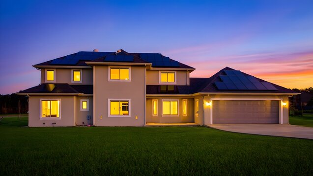 Luxurious modern house with illuminated windows at dusk - Powered by Adobe
