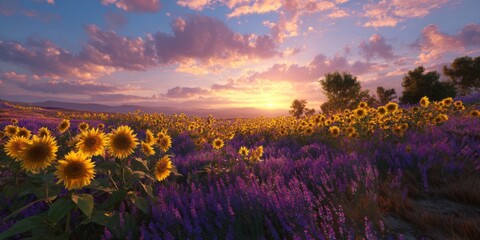 Fototapeta premium Vibrant Sunflowers and Lavender Blooms Under a Warm Sunset Sky in a Serene Natural Landscape