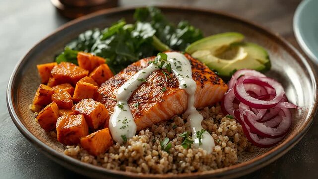 Enjoy a Delicious Grilled Salmon Bowl featuring Quinoa and Fresh Vegetables