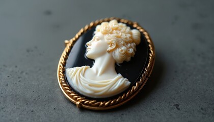 Naklejka premium Gold cameo brooch with woman profile. Antique jewelry design. Female face carving on a black base. Classic vintage fashion accessory. Jewelry closeup detail shot