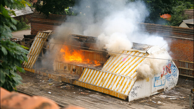 Fire consumes vacant building. Flames and smoke rise from a derelict structure as it's consumed by fire in an outdoor setting.