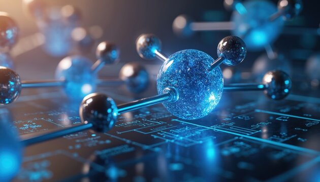 3D atomic structure with blue glowing spheres connected by rods. Science formulas and circuits glow on dark background. Research and innovation concept.