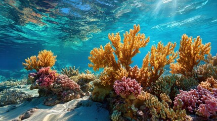Naklejka premium A beautiful underwater scene with a variety of colorful coral and plants. The water is clear and the sun is shining brightly, creating a serene and peaceful atmosphere