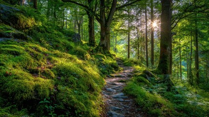 Fototapeta premium A forest path is lined with trees and moss. The sunlight is shining through the trees, creating a peaceful and serene atmosphere