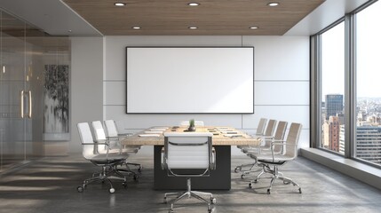 Fototapeta premium A large white board sits in the middle of a conference room with a group of white chairs surrounding it. The room is well-lit and has a modern, professional feel