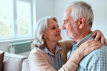Senior Caucasian woman embracing senior Caucasian man while smiling and looking into his eyes, both standing close together in bright living room with window in background