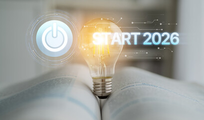 Start 2025 concept with futuristic power button symbolizing fresh beginnings, innovation, and digital transformation. Start 2025, new goals, and start 2025 initiative. Spline