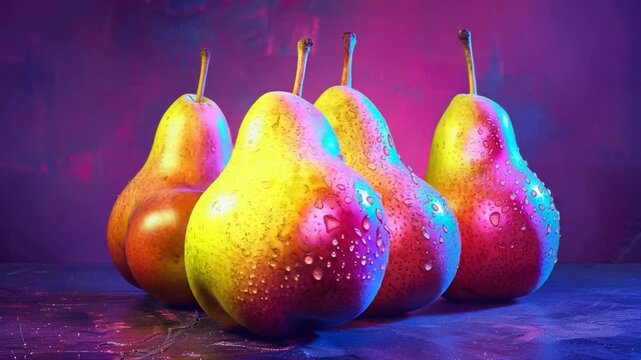 Video clip Three pears sit side by side on a wooden table, fresh and ripe