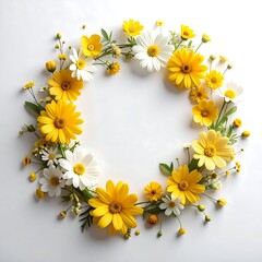 Floral wreath of yellow and white flowers on white background
