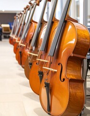 Row of cellos in a music room