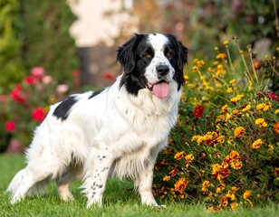 Black and white dog in a garden