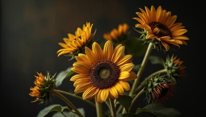 Fototapeta premium Yellow sunflowers bloom against a dark background. Some flowers face forward, others turn away. Green leaves and stems support the vibrant petals. Buds also show.
