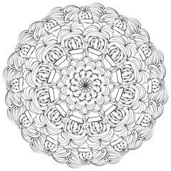 Outline flower mandala with petals, simple abstract meditative coloring page for kids and adults