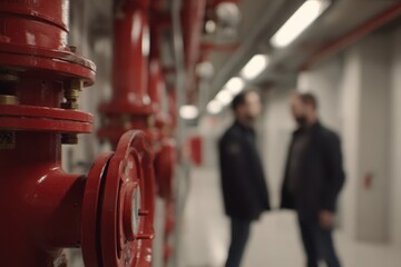 Engineers Inspecting Fire Sprinkler System in Industrial Facility