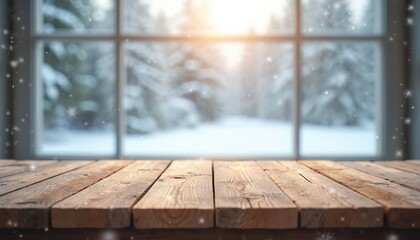 Rustic wood table in foreground. Snow falls outside window over pine trees. Cozy winter morning scene for product placement. Warm light glows.