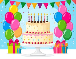 Festive birthday celebration scene with a two-tiered cake, balloons, and gifts.  Bright colors and simple shapes