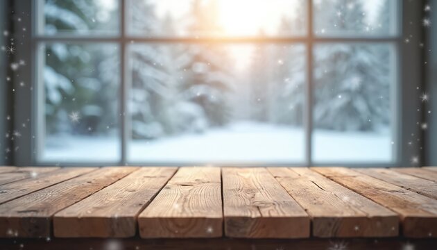Fototapeta Rustic wood table in foreground. Snow falls outside window over pine trees. Cozy winter morning scene for product placement. Warm light glows.