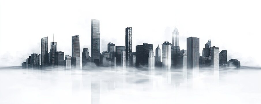Fototapeta A modern city skyline in the fog, white background, light gray and black style