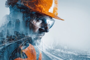 Futuristic Engineer with Smart Glasses and City Double Exposure