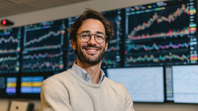 A man is smiling in front of a wall of monitors displaying financial data. He is wearing glasses and a white sweater - Powered by Adobe