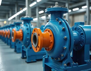 Obraz premium Row of blue industrial pumps with orange accents in large facility. Heavy machinery for fluid transfer in modern factory setting. Powerful pumps essential for water processing, power generation.