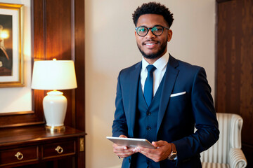 Portrait of young adult Black man wearing suit and glasses standing indoors holding digital tablet smiling at camera, professional business setting with elegant background elements visible