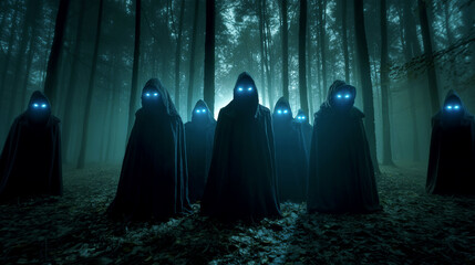 Dark forest with spooky hooded figures glowing eyes fog and eerie atmosphere mysterious light and shadow scene. Halloween horror background mystical night scene.