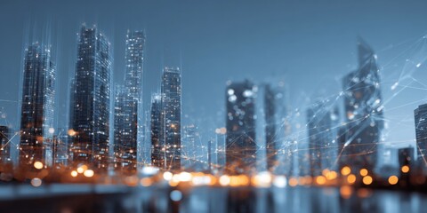 Fototapeta premium Modern cityscape with digital overlay showcasing futuristic buildings and technological advancements in architecture and connectivity