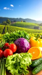 Fresh vegetables against a vibrant rural landscape