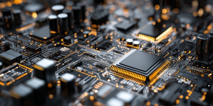 Detailed View of Electronic Circuit Board with Microchips in Modern Manufacturing Facility