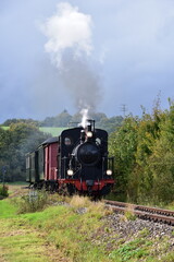 Obraz premium Schmalspur - Museumsbahn auf dem Härtsfeld mit Dampflokomotive, Personenwagen, Triebwagen in herbstlicher Landschaft