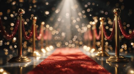 Glamorous red carpet entrance with golden stanchions and sparkling lights captured in a dreamy atmosphere