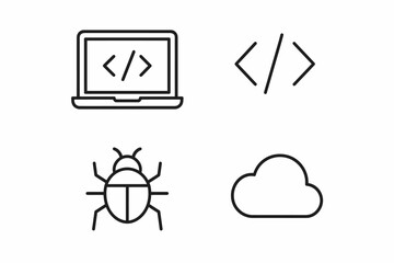 Minimalist computer coding icons: laptop, code, bug, cloud