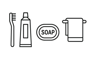Toothbrush, toothpaste, soap, and towel line art icons for hygiene essentials