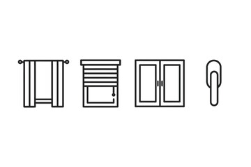 Curtain, blind, window, door handle icons in minimalist black line design