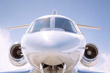 Front view of private jet airplane under clear blue sky / Luxury business jet parked on runway close-up