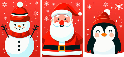 Merry Christmas greeting card set with cute santa claus, penguin, snowman. Christmas cartoon character design for sticker, t-shirt, poster, banner, card, clipart