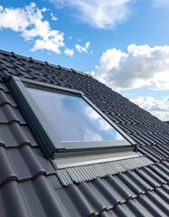 Rooftop skylight against a partly cloudy sky.  Dark gray/black roof tiles surround a rectangular, clear glass skylight