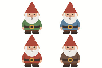 Fototapeta premium Cartoon gnomes in colorful outfits with red hats and beards facing forward
