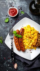 Savory breakfast plate with eggs, sausage, and toast
