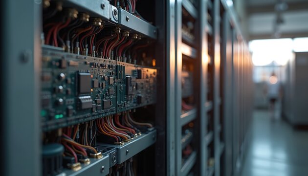 Inside industrial control cabinet with complex wiring and circuit boards. Metallic reflections on electronic components in soft ambient light. Rows of servers or data equipment.