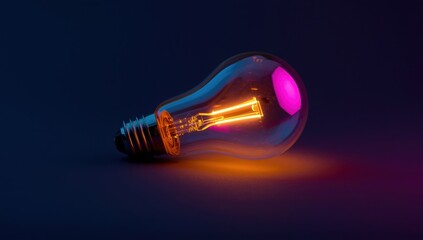 Illuminated light bulb with glowing filament on a dark background